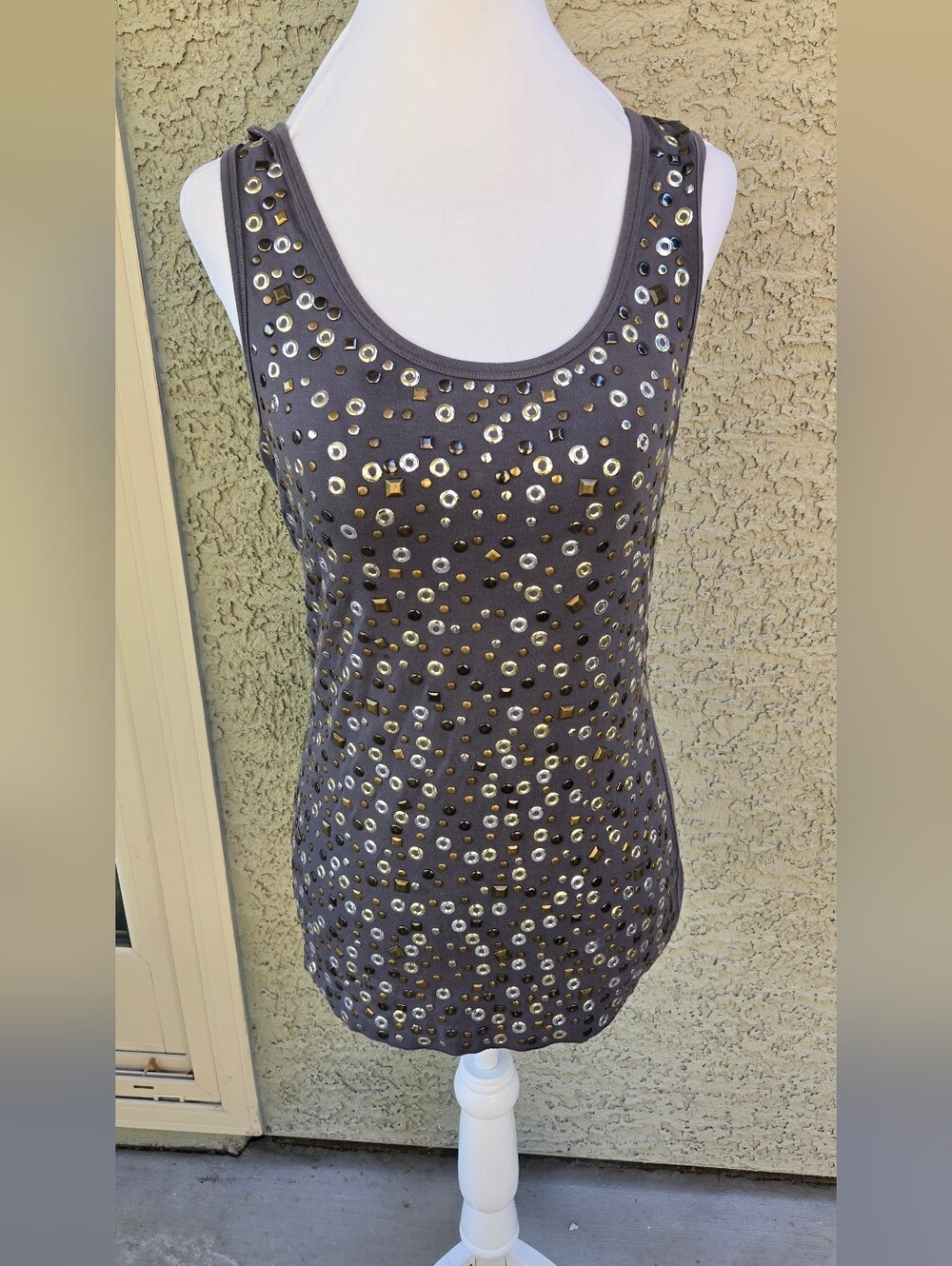 Stud-Embellished Charcoal Tank Top